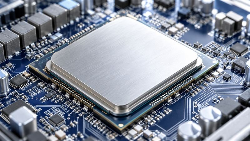 Close view of a silver processor seated on a blue circuit board