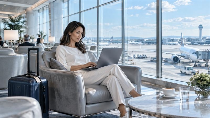 Person working on a laptop in an airport lounge beside a window onto the apron