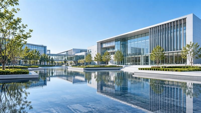 Glass office campus reflected in a shallow pool under a clear sky