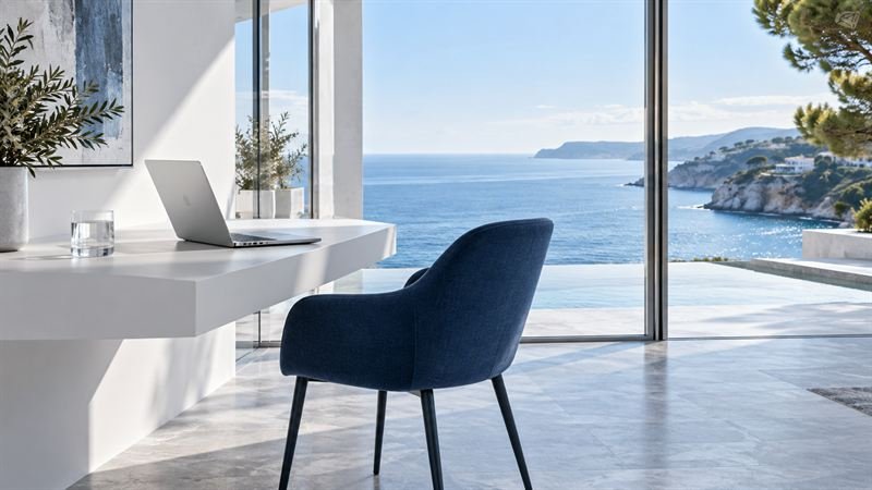 Laptop on a white desk in a workspace overlooking the sea