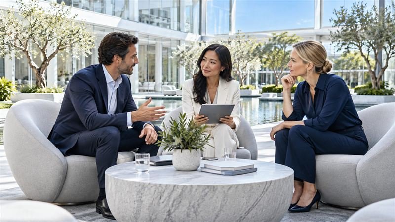 Three colleagues in conversation around a low table in an office courtyard