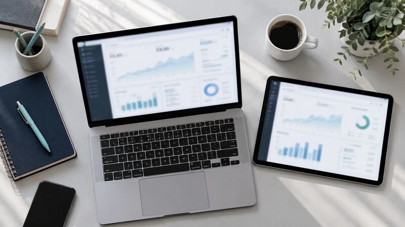 Overhead view of a laptop and tablet showing blurred revenue dashboards on a sunlit desk