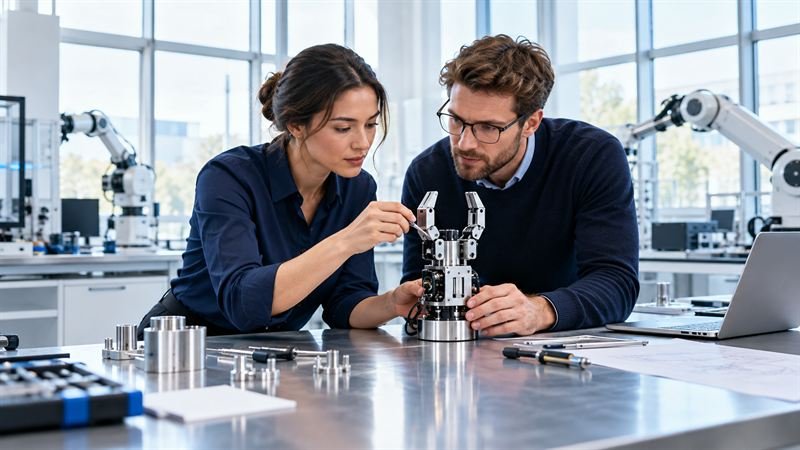 Two engineers examining a robotic gripper at a workbench