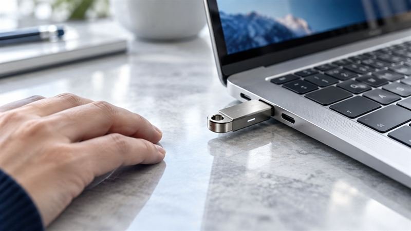Hardware security key plugged into the side of a silver laptop
