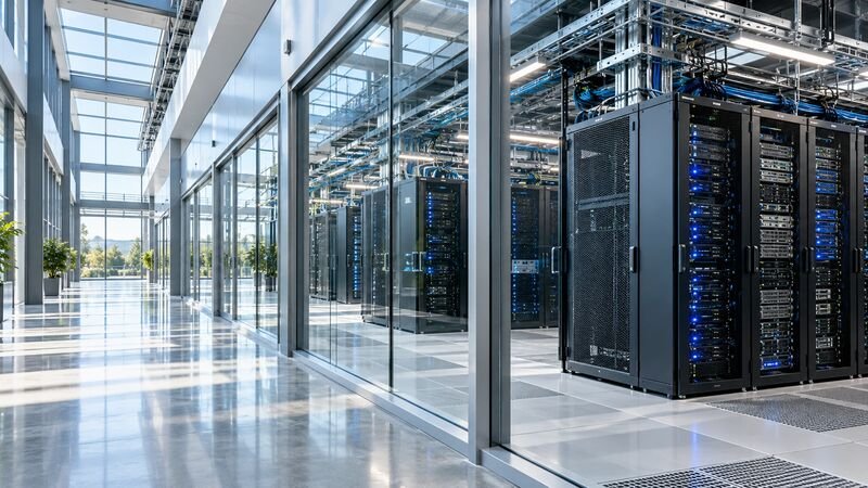 Glass-walled data center hall with rows of server racks beside a bright atrium corridor
