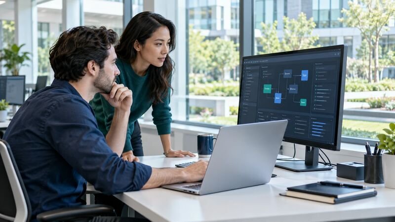 Two colleagues reviewing a service architecture diagram on a monitor in a bright office