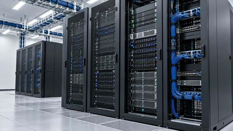 Row of dedicated server racks with organized blue network cabling in a white data hall
