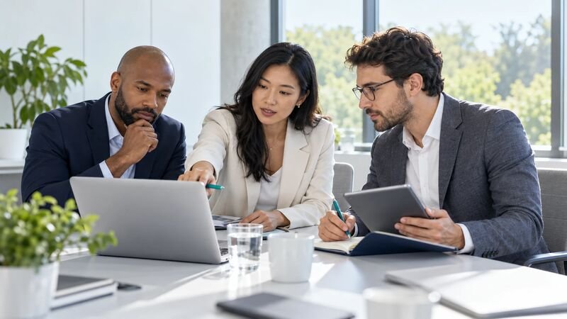 Three colleagues comparing notes on a laptop and tablet at a meeting table