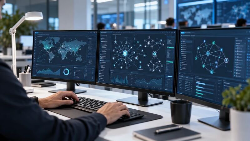 Analyst at three monitors showing endpoint maps and threat graphs in a security operations room