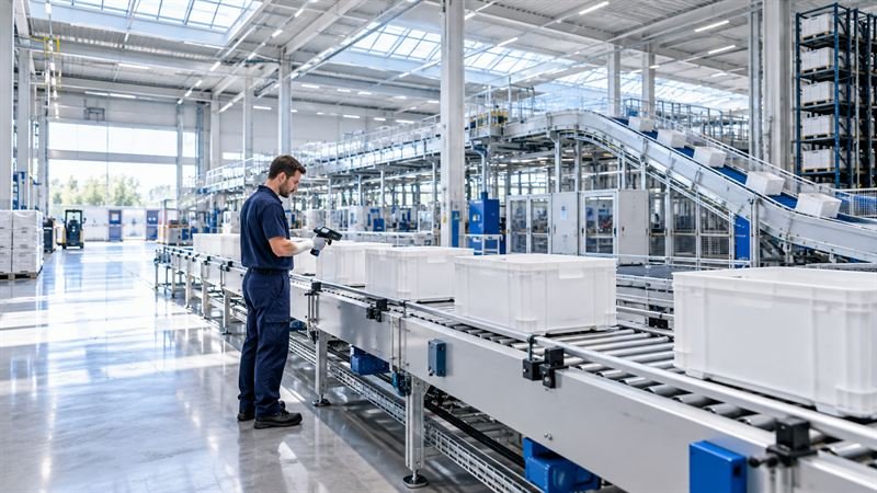 Technician checking a conveyor line in a sunlit logistics facility